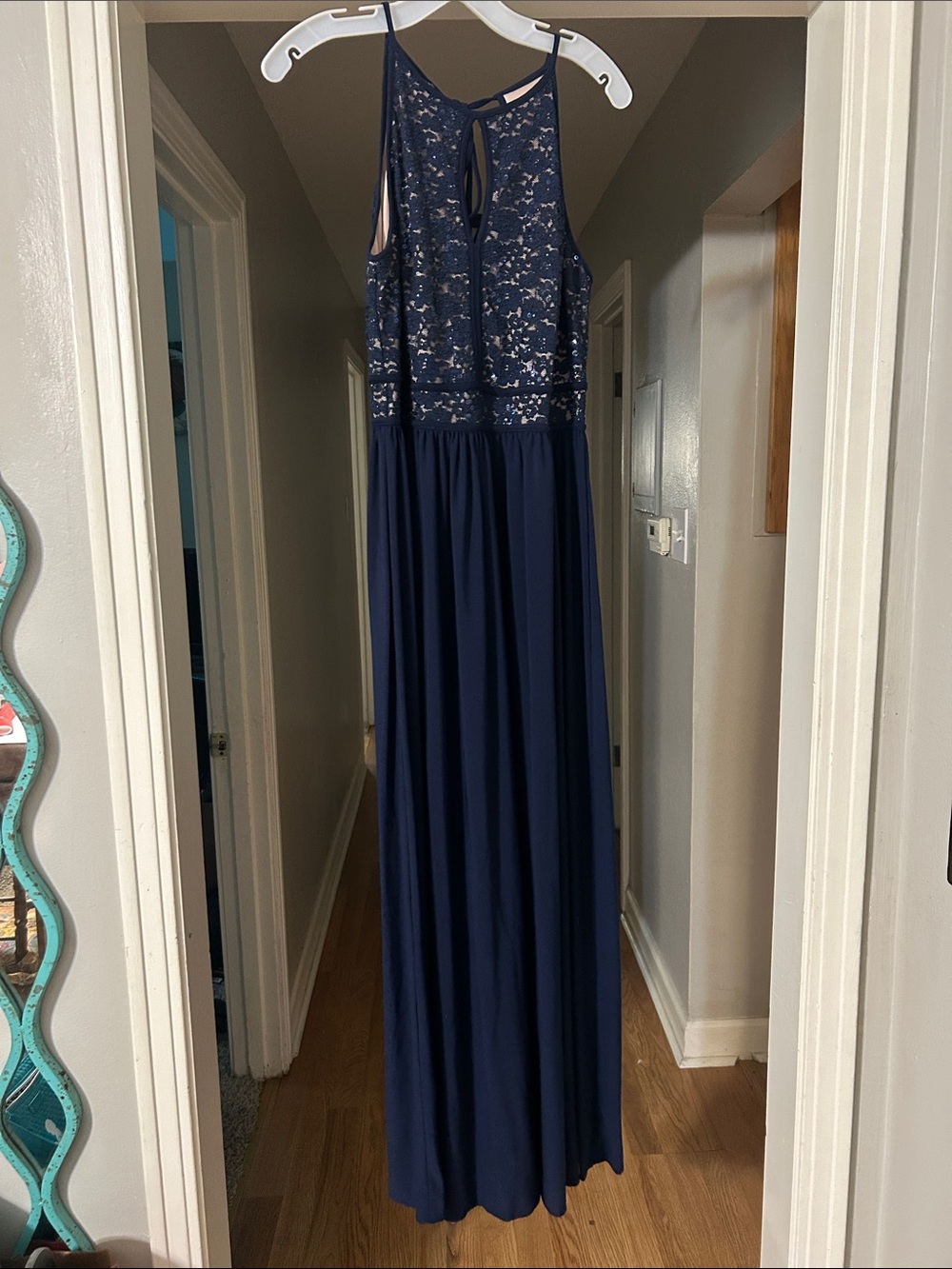 Morgan & Co. Navy Lace Bodice Halter Maxi Dress